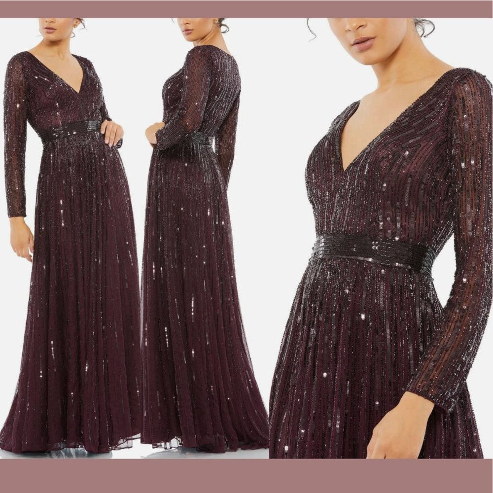 NEW $598 Mac Duggal [ 12 ] Sequined‎ Long Sleeve A-line Gown MulBerry